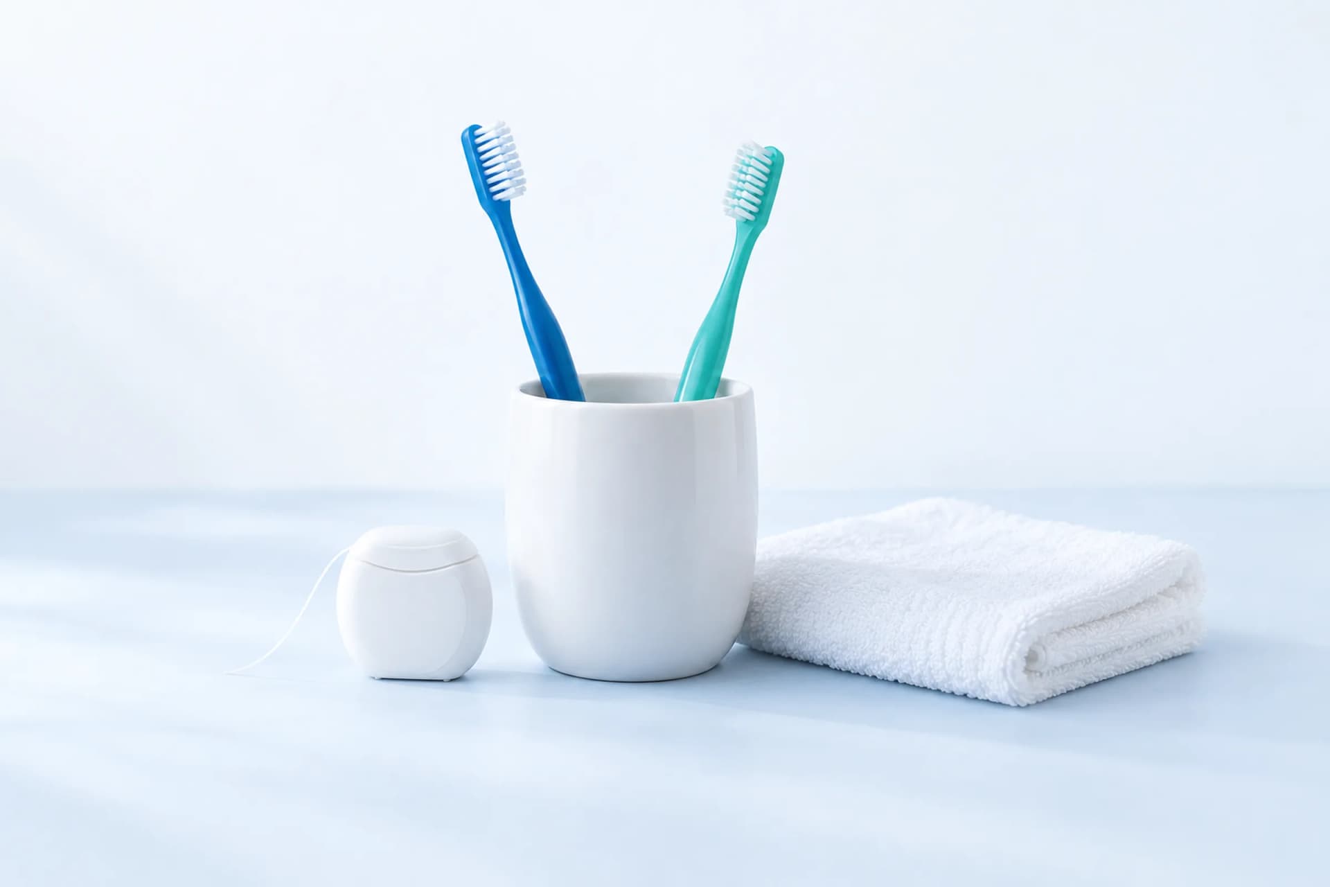 Blue and teal toothbrushes with floss and a white towel.