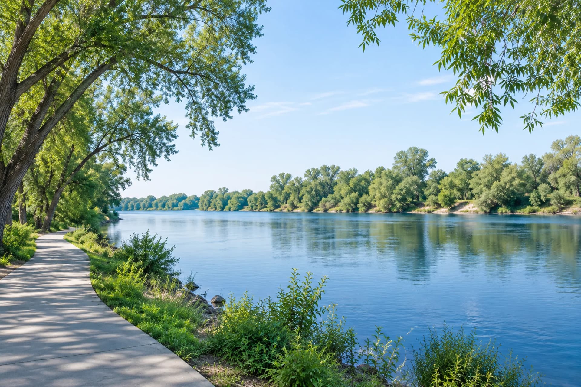 Leafy riverfront path beside calm blue water.