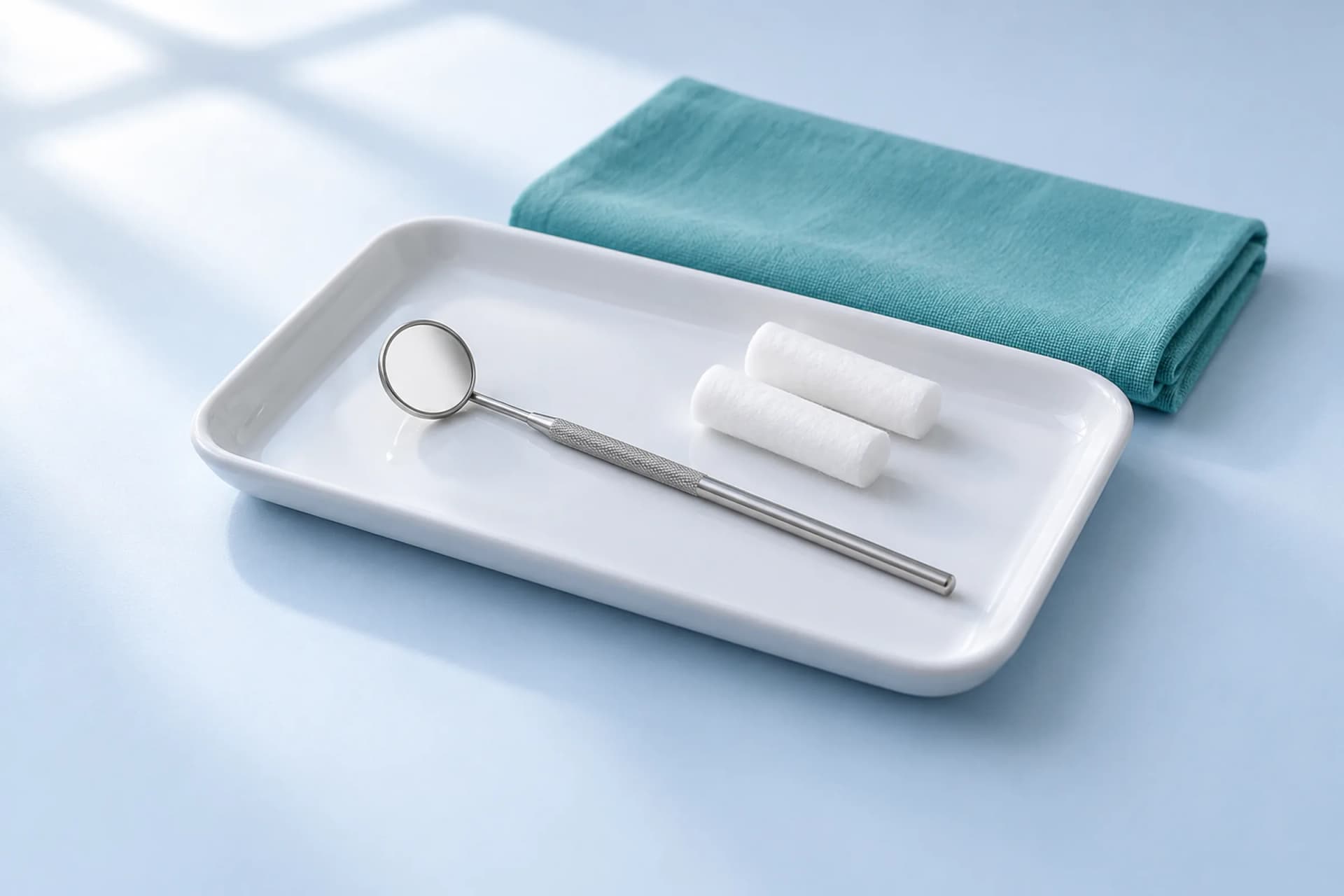 Dental examination mirror and cotton rolls on a clean tray.