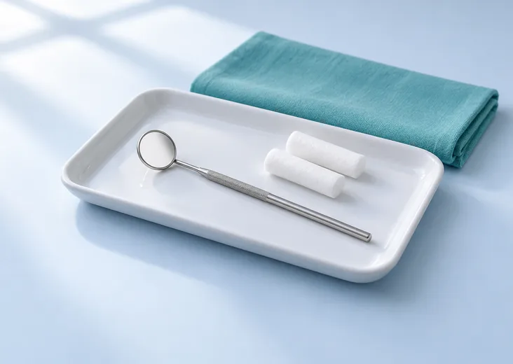 Dental examination mirror and cotton rolls on a clean tray.