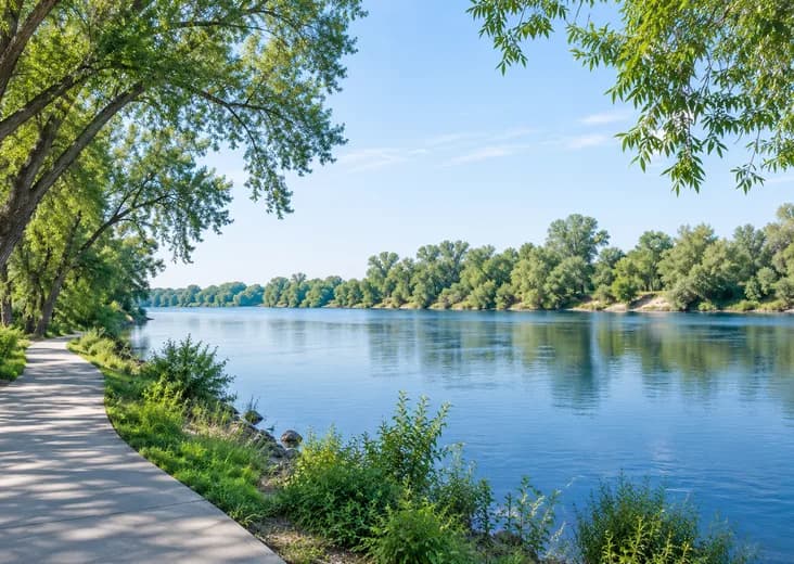 Leafy riverfront path beside calm blue water.